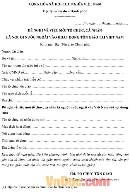 Mẫu đơn đề nghị mời tổ chức, cá nhân là người nước ngoài vào hoạt động tôn giáo