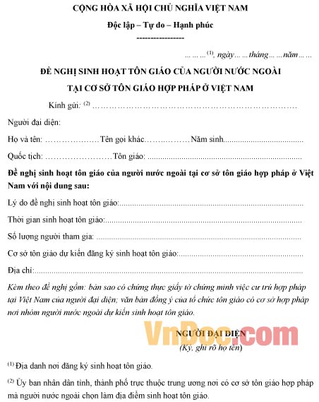Mẫu đơn đề nghị sinh hoạt tôn giáo của người nước ngoài tại cơ sở tôn giáo hợp pháp ở Việt Nam