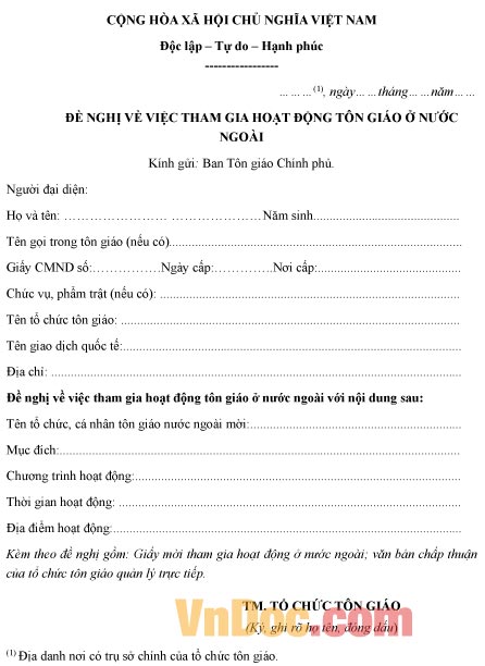 Mẫu đơn đề nghị tham gia hoạt động tôn giáo ở nước ngoài