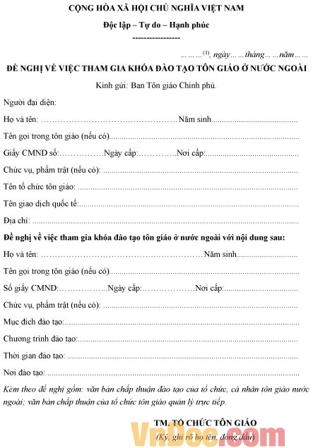 Mẫu đơn đề nghị tham gia khóa đào tạo tôn giáo ở nước ngoài