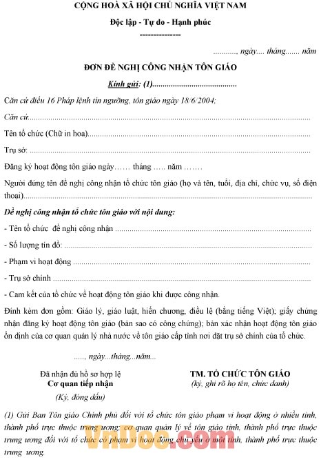 Mẫu đơn đề nghị về việc công nhận tôn giáo