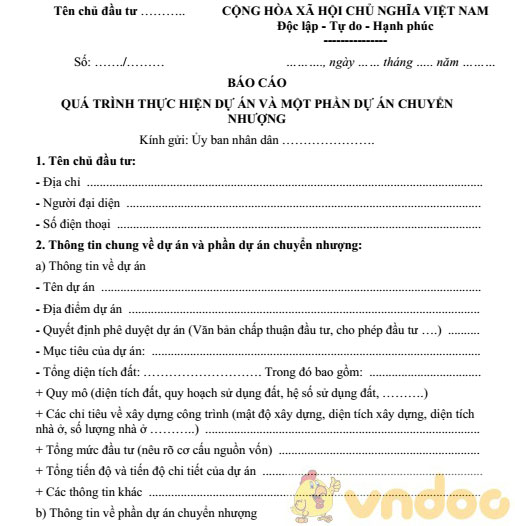 Mẫu báo cáo quá trình thực hiện dự án và một phần dự án chuyển nhượng 
