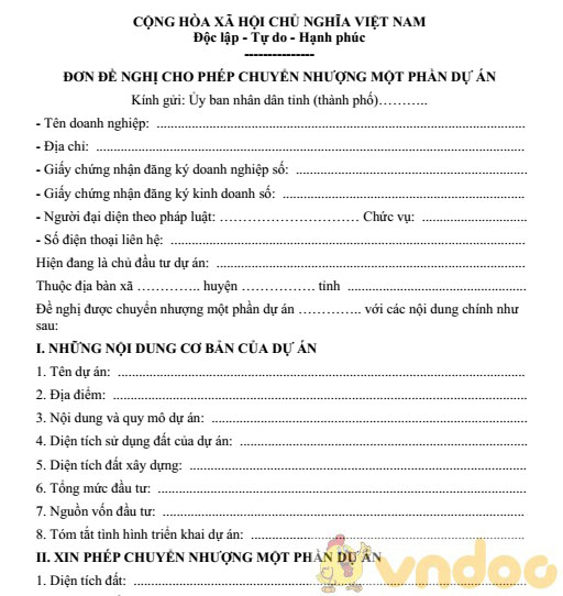 Mẫu đơn đề nghị cho phép chuyển nhượng một phần dự án