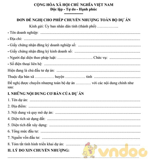 Mẫu đơn đề nghị cho phép chuyển nhượng toàn bộ dự án
