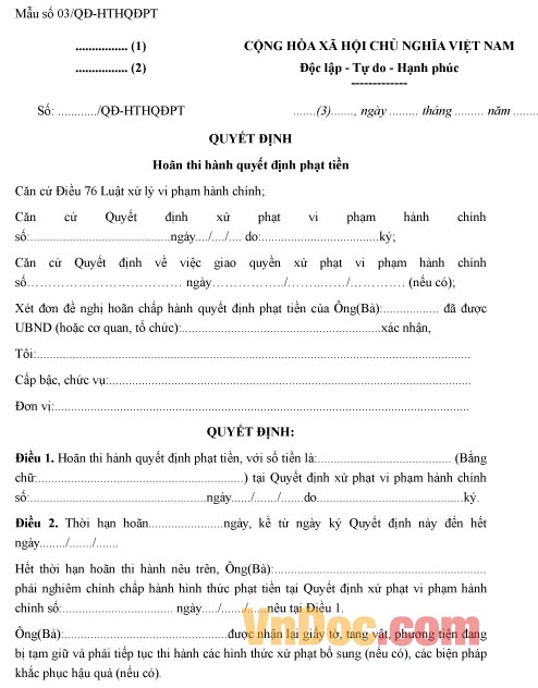 Mẫu quyết định hoãn thi hành quyết định phạt tiền