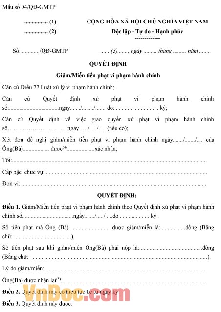 Mẫu quyết định giảm hoặc miễn tiền phạt vi phạm hành chính