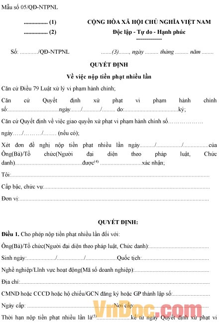 Mẫu quyết định về việc nộp tiền phạt nhiều lần