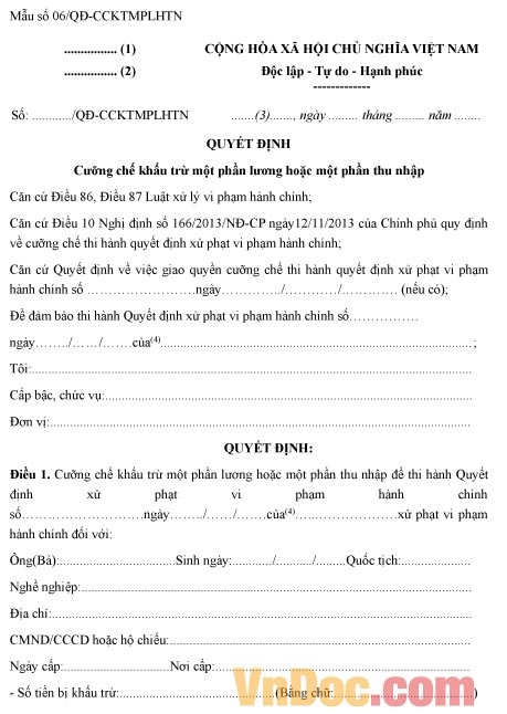 Mẫu quyết định về việc cưỡng chế khấu trừ một phần lương, một phần thu nhập