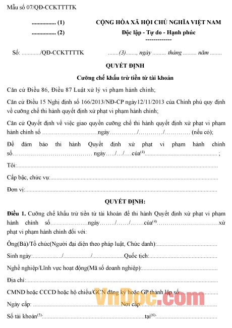 Mẫu quyết định về việc cưỡng chế khấu trừ tiền từ tài khoản