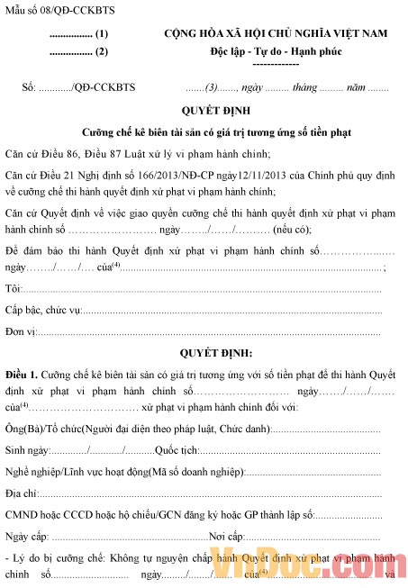 Mẫu quyết định cưỡng chế kê biên tài sản có giá trị tương ứng số tiền phạt