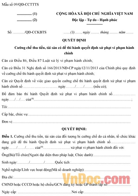 Mẫu quyết định cưỡng chế thu tiền, tài sản có để thi hành quyết định xử phạt vi phạm hành chính