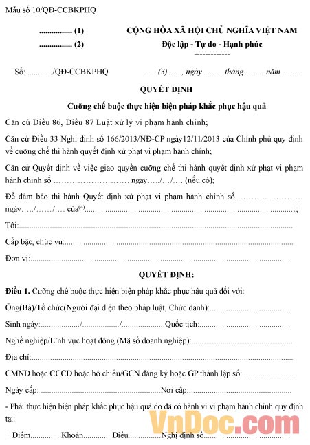 Mẫu quyết định cưỡng chế thực hiện biện pháp khắc phục hậu quả