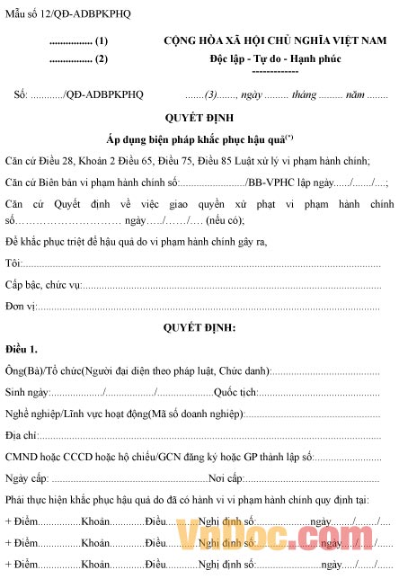 Mẫu quyết định về việc áp dụng biện pháp khắc phục hậu quả