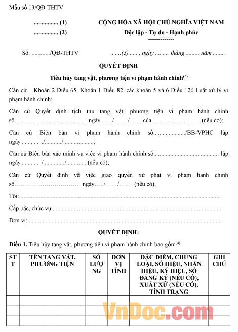 Mẫu quyết định tiêu hủy tang vật, phương tiện vi phạm hành chính