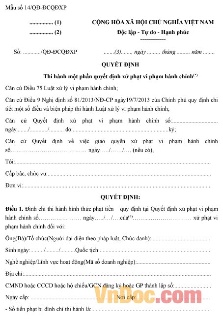 Mẫu quyết định thi hành một phần quyết định xử phạt vi phạm hành chính