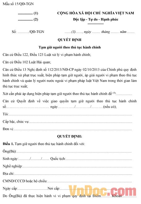 Mẫu quyết định về việc tạm giữ người theo thủ tục hành chính