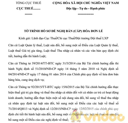 Tờ trình hồ sơ đề nghị bán (cấp) hóa đơn lẻ