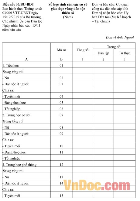 Mẫu báo cáo số học sinh của các cơ sở giáo dục vùng dân tộc thiểu số