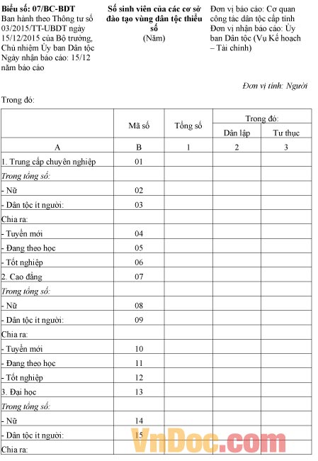 Mẫu báo cáo số sinh viên của các cơ sở giáo dục vùng dân tộc thiểu số