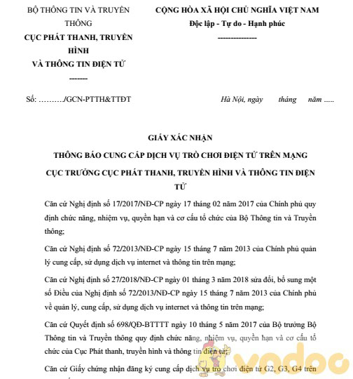 Giấy xác nhận thông báo cung cấp dịch vụ trò chơi điện tử trên mạng