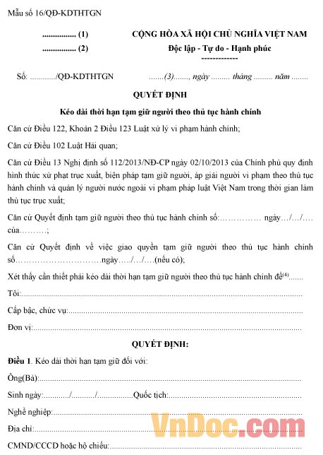 Mẫu quyết định về việc kéo dài thời hạn tạm giữ người theo thủ tục hành chính