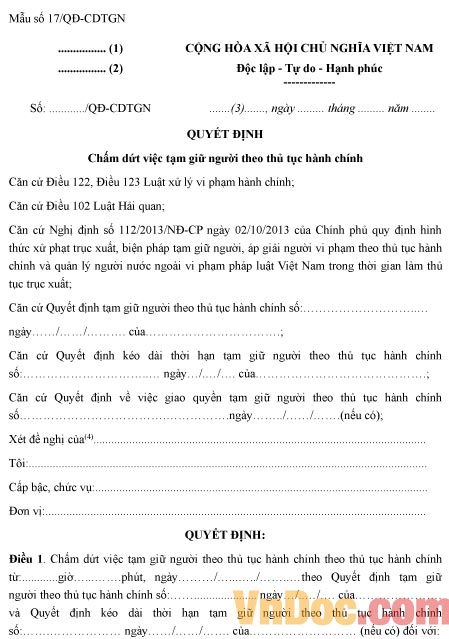 Mẫu quyết định về việc chấm dứt việc tạm giữ người theo thủ tục hành chính
