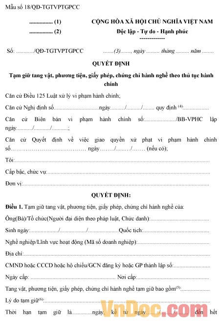Mẫu quyết định về việc tạm giữ tang vật, chứng chỉ hành nghề theo thủ tục hành chính