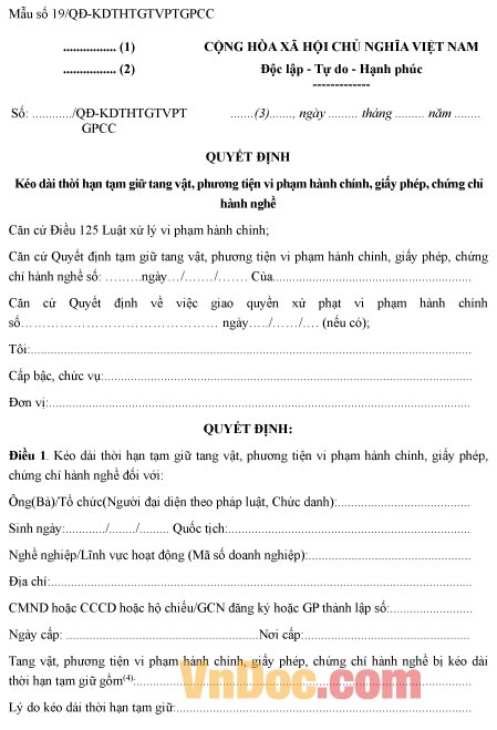 Mẫu quyết định kéo dài thời hạn tạm giữ tang vật, phương tiện vi phạm hành chính