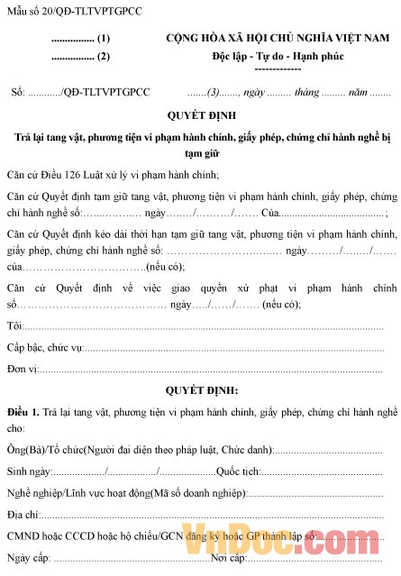 Mẫu quyết định về việc trả lại tang vật, phương tiện vi phạm hành chính