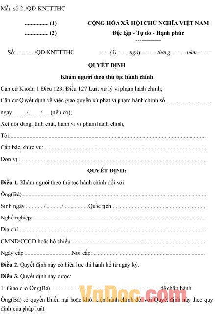 Mẫu quyết định về việc khám người theo thủ tục hành chính