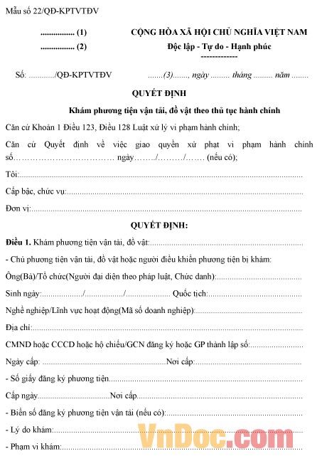 Mẫu quyết định về việc khám phương tiện, đồ vật theo thủ tục hành chính