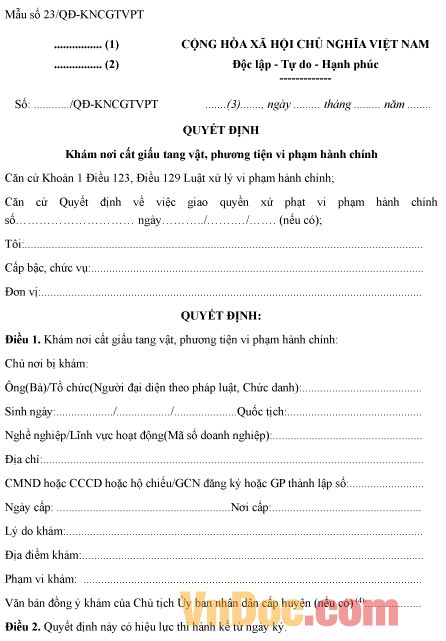 Mẫu quyết định khám nơi cất giấu tang vật, phương tiện vi phạm hành chính