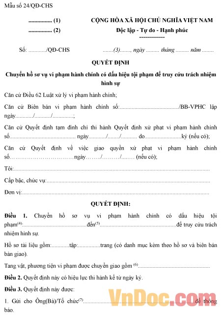 Mẫu quyết định chuyển hồ sơ vụ án vi phạm hành chính sang truy cứu trách nhiệm hình sự
