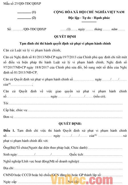 Mẫu quyết định về việc tạm đình chỉ thi hành quyết định xử phạt vi phạm hành chính