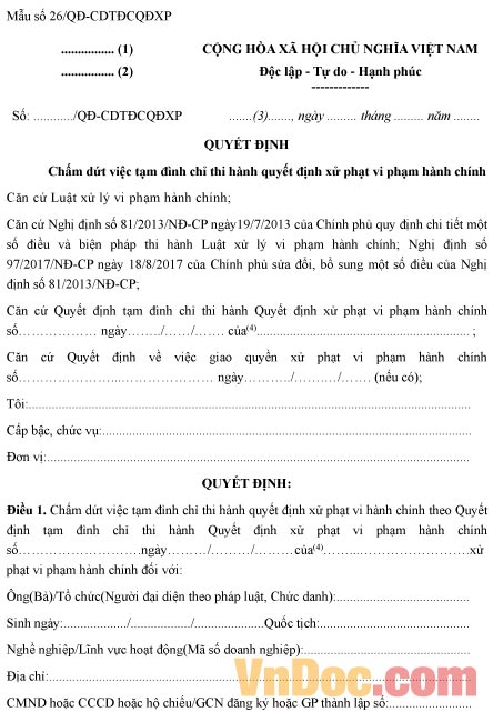 Mẫu quyết định về việc chấm dứt thi hành quyết định xử phạt vi phạm hành chính