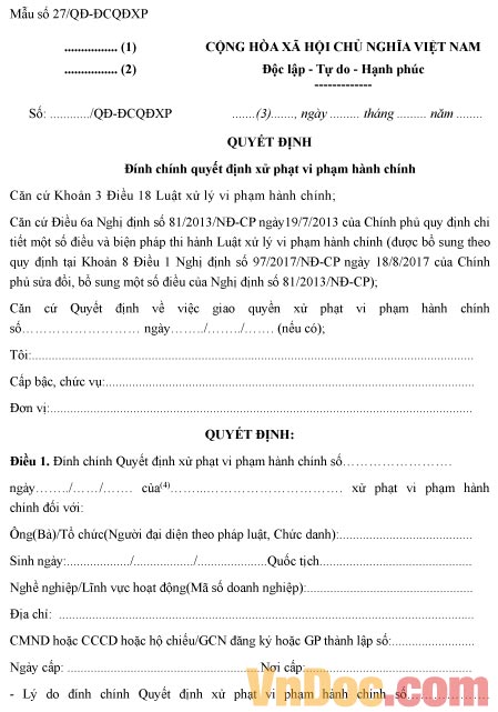 Mẫu quyết định về việc đính chính quyết định xử phạt vi phạm hành chính