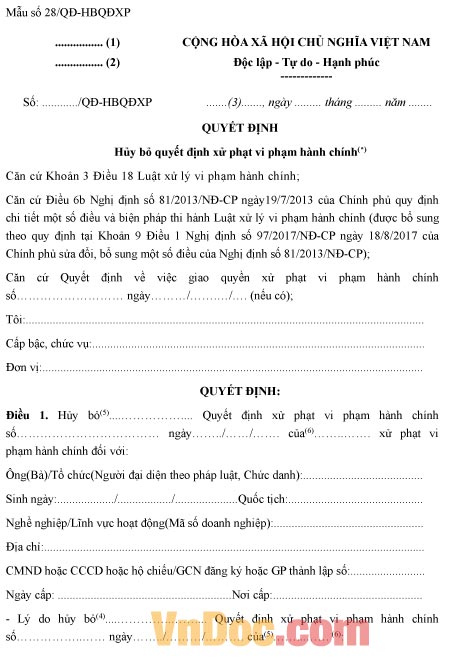 Mẫu quyết định về việc hủy bỏ quyết định xử phạt vi phạm