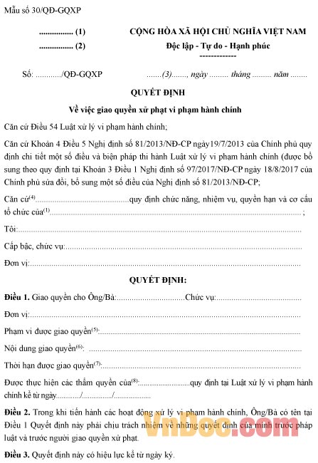 Mẫu quyết định về việc giao quyền xử phạt vi phạm hành chính