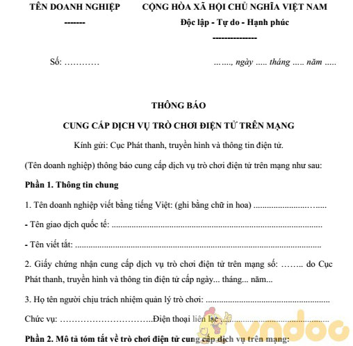 Mẫu thông báo cung cấp dịch vụ trò chơi điện tử trên mạng
