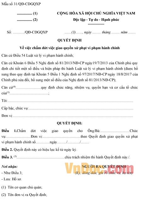 Mẫu quyết định chấm dứt việc giao quyền xử phạt vi phạm