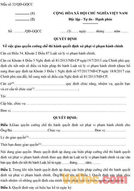 Mẫu quyết định giao quyền cưỡng chế thi hành quyết định xử phạt vi phạm hành chính