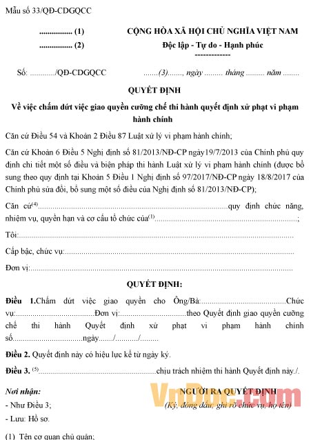 Mẫu quyết định chấm dứt giao quyền cưỡng chế thi hành quyết định xử phạt vi phạm hành chính