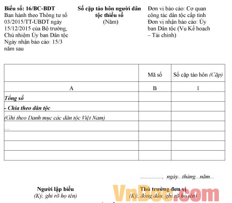 Mẫu báo cáo số cặp tảo hôn là người dân tộc thiểu số