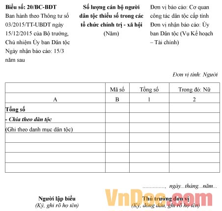 Mẫu báo cáo số lượng cán bộ trong các tổ chức chính trị là người dân tộc thiểu số