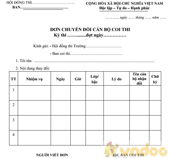 Đơn chuyển đổi cán bộ coi thi