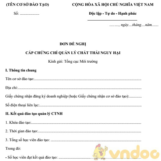 Đơn đề nghị cấp Chứng chỉ quản lý chất thải nguy hại