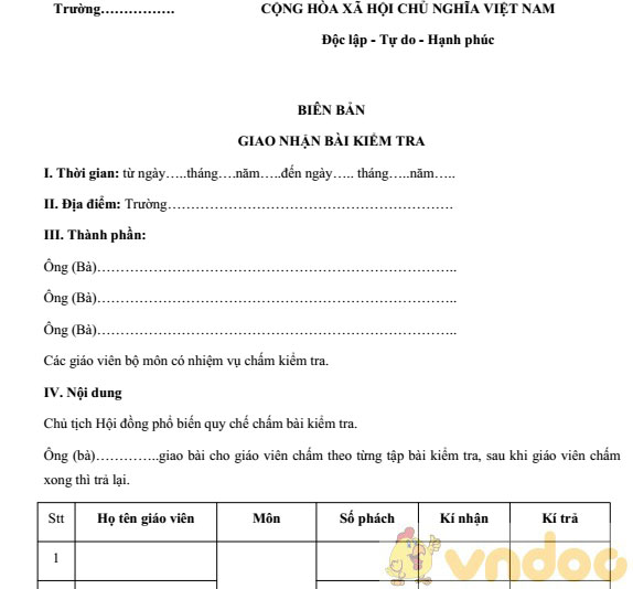 Mẫu biên bản giao nhận bài kiểm tra