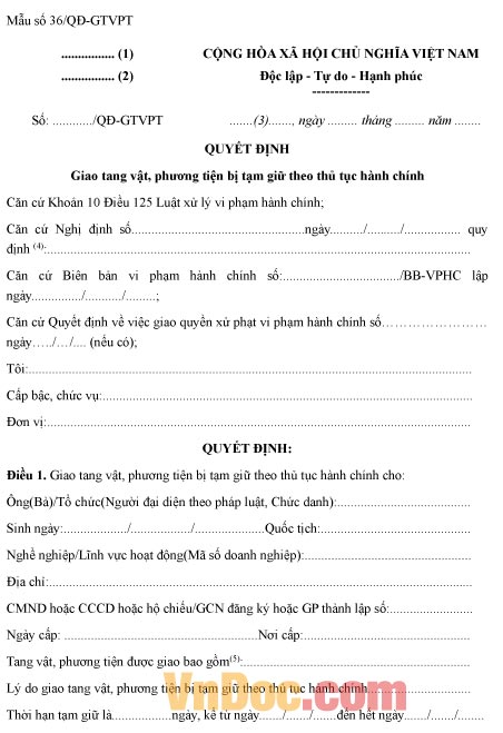 Mẫu quyết định giao tang vật, phương tiện bị tạm giữ