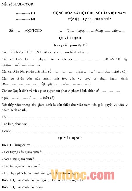 Mẫu quyết định về việc trưng cầu giám định