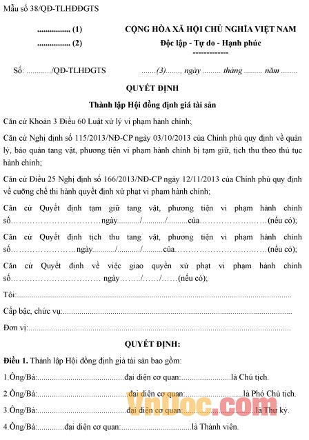 Mẫu quyết định thành lập hội đồng định giá tài sản